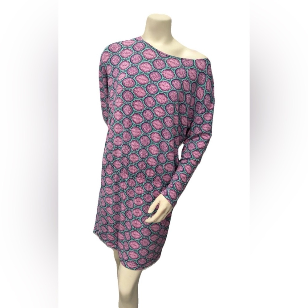 Cabana Life Dress L Pink Blue Geometric Long Sleeve Resort Beach Travel